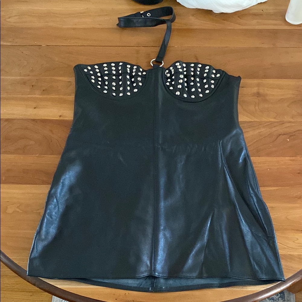 Studded Strapless Black Leather Mini Dress - Picture 3 of 16